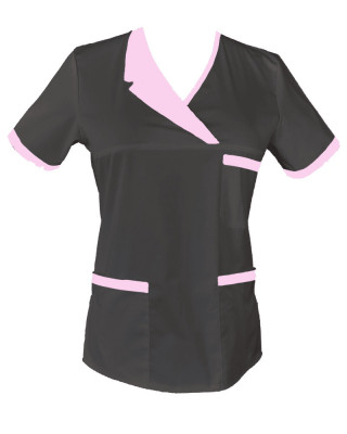 Halat Medical Pe Stil, Negru cu Elastan Cu Paspoal si Garnitură roz deschis, Model Nicoleta - 2XL foto