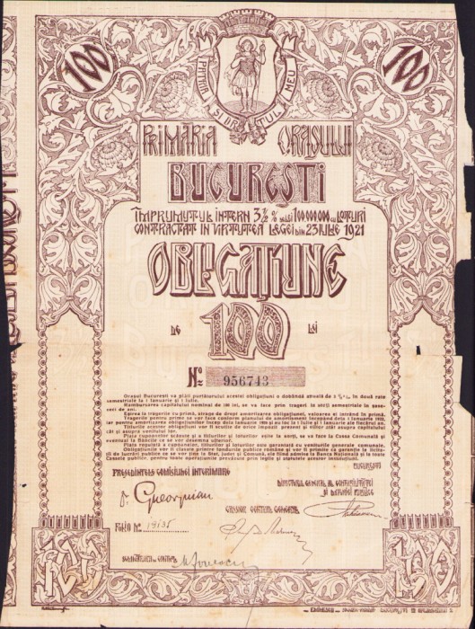 HST A541 Obligațiune de 100 lei Primăria orașului București interbelică