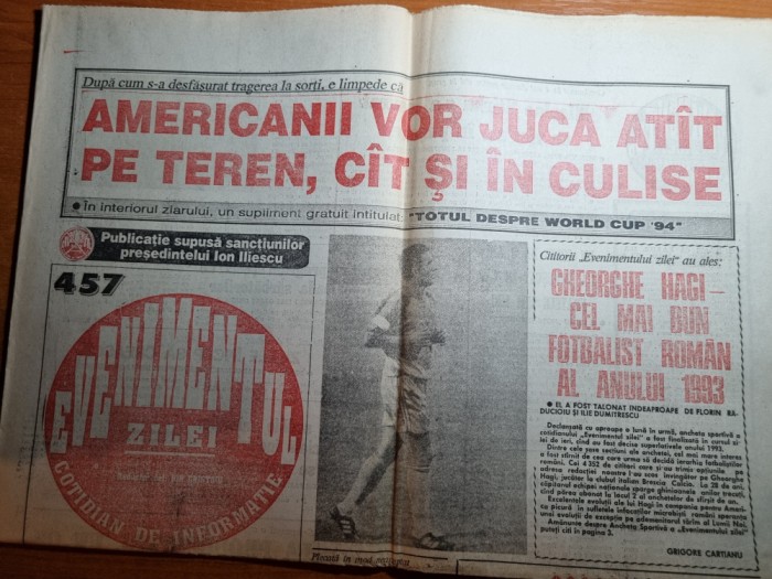 evenimentul zilei 21 decembrie 1993-hagi fotbalistul anului,moarte g.cozorici