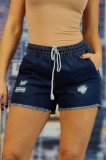 Pantaloni Scurti Dama Denim cu Elastic, Snur, Rupturi Decorative &amp; Buzunare. Marimi: M, M/L, S/M