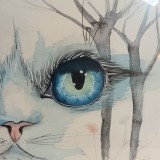 Tablou Art Deco fantezist, acuarela, pisica, vintage