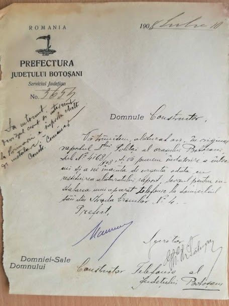 adresa Prefectura Botosani, 1908, instalare telefon polițai, str. Crinilor nr.4