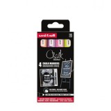 Set 4x Marker cu creta UNI Chalk PWE-5M ASSF16, 1.8-2.5mm, galben, roz, violet, portocaliu