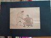 Caricatura, desen original in penita si ceracolor, semnata Iosif Ross 1899 - 1974, doi barbati, unul cu o seringa cu ser rock, cu paspartu