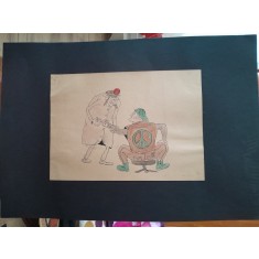 Caricatura, desen original in penita si ceracolor, semnata Iosif Ross 1899 - 1974, doi barbati, unul cu o seringa cu ser rock, cu paspartu