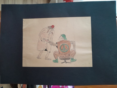 Caricatura, desen original in penita si ceracolor, semnata Iosif Ross 1899 - 1974, doi barbati, unul cu o seringa cu ser rock, cu paspartu foto