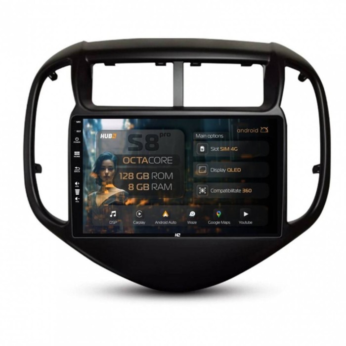 Navigatie Chevrolet Aveo (2017-2021) 8GB RAM Android 13 Octacore Slot Sim 4G DSP GPS Wi-FI Carplay Android Auto USB Bluetooth Waze Touchscreen 9 Inch