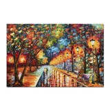 Tablou indragostiti pictat manual, Pe aleea noastra, la lumina felinarelor, 150x100cm ulei pe panza in cutit efect 3D, gata de agatat pe perete