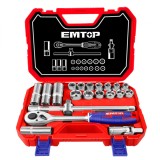 Set Tubulare cu Clichet 1/2&quot; EMTOP ESKT12211, 21 Componente, Maner Clichet 1/2&quot;, 13 Prize 8-24mm, Bujie, Articulatie Universala, Bara Extensie 10&quot;, Ot