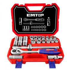 Set Tubulare cu Clichet 1/2&amp;quot; EMTOP ESKT12211, 21 Componente, Maner Clichet 1/2&amp;quot;, 13 Prize 8-24mm, Bujie, Articulatie Universala, Bara Extensie 10&amp;quot;, Ot foto