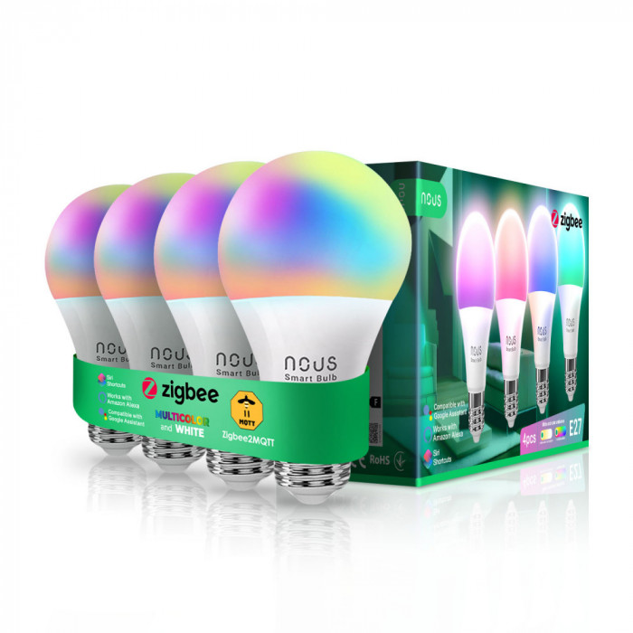 Set 4 becuri LED RGB Smart NOUS P3Z ZigBee, E27, Control din aplicatie