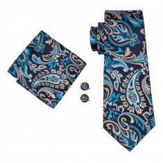 Set cravata + batista + butoni matase naturala model negru cu albastru 1581 foto
