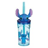 Pahar din Plastic Turcoaz cu Pai 3D Stitch, 360ml, CMCLASS
