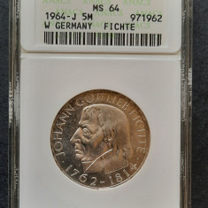 Moneda 5 DM - J "J.G. Fichte" 1964, Germania, certificata ANACS - G 4299