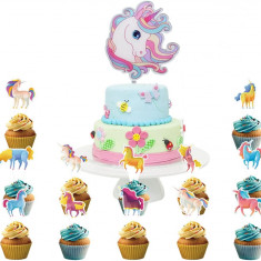 Ce Toppers, Cupcake Toppers, Kit cu 25 de bucăți Unicorn Cake Topper, Topper pentru tort de ziua de naștere, Suporturi pentru decorarea petrecerilor p