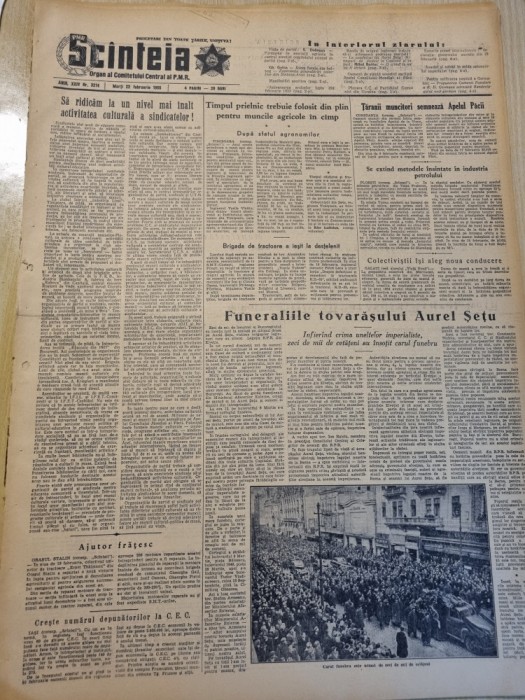 scanteia 22 februarie 1955-moartea lui aurel setu,art. brasov,iasi,santana arad