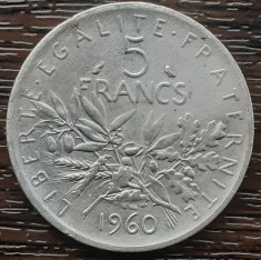 (A779) MONEDA DIN ARGINT FRANTA - 5 FRANCS FRANCI 1960, SEMANATOAREA, 12 GRAME foto