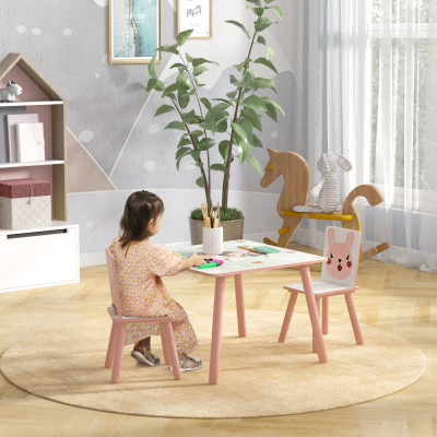 ZONEKIZ Set masa si scaun 3 piese pentru copii lemn de pin cu desene animale roz pentru scoala mobilier camera copilului birou pentru copii mici foto