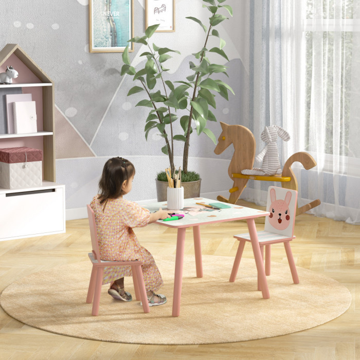 ZONEKIZ Set masa si scaun 3 piese pentru copii lemn de pin cu desene animale roz pentru scoala mobilier camera copilului birou pentru copii mici