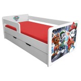 Pat pentru copii Dogs Red cu sertar, protectii laterale detasabile reversibile, Pal melaminat, margini rotunjite, 2-8 ani, 144x76x45 cm, alb rosu