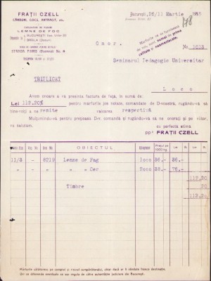 A1442 Factură cu antet Frații Czell, București, 1915, comercianți cărbuni, cocs, antracit, exploatări de păduri, lemne de foc foto
