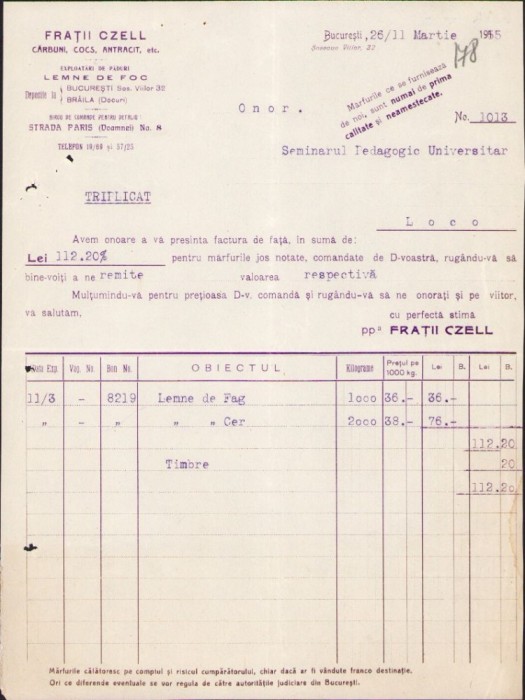 A1442 Factură cu antet Frații Czell, București, 1915, comercianți cărbuni, cocs, antracit, exploatări de păduri, lemne de foc