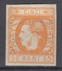 ROMANIA 1869 LP 25 REGELE CAROL I CU FAVORITI 5 BANI PORTOCALIU GUMA ORIGINALA SARNIERA