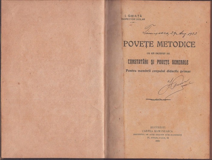 C8419N Povețe metodice cu un &icirc;nceput de constatări și povețe generale pentru membrii corpului didactic primar de I Ghiață, 1920
