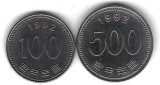 Coreea de Sud , lot 8 / 2 buc - 100 + 500 Won 1992