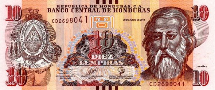 HONDURAS █ bancnota █ 10 Lempiras █ 2019 █ P-99 █ UNC █ necirculata