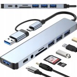 USB hub, 8 in 1, cititor card, USB 2.0, USB 3.0, 3.5 Jack, USB C, adaptor USB C - USB A, aluminiu