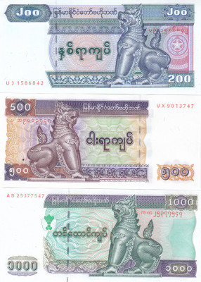 Bancnota Myanmar 200, 500 si 1.000 Kyats (2004) - P78-80 UNC ( set x3 ) foto