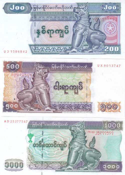 Bancnota Myanmar 200, 500 si 1.000 Kyats (2004) - P78-80 UNC ( set x3 )