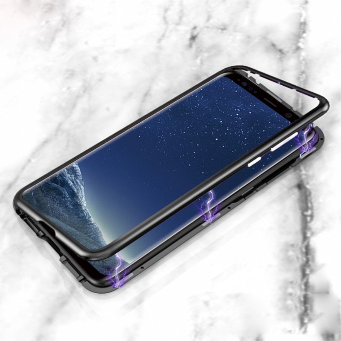 Husa Samsung Galaxy S9 - Cadru metalic cu magneti de prindere, spate din sticla securizata, neagra