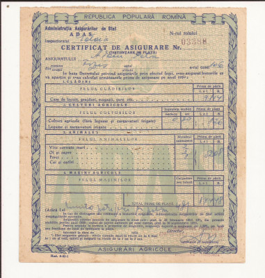 ADAS Certificat de asigurare - nr 03386 anul 1959 Sat Fizes -CS foto