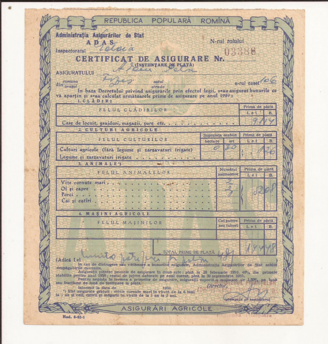 ADAS Certificat de asigurare - nr 03386 anul 1959 Sat Fizes -CS