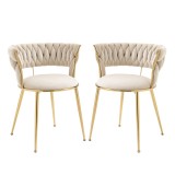 Set de 2 scaune de dining din catifea moale, stil modern cu spătar &icirc;mpletit și brațe, Alb