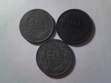 3 Monede Romania 20 lei 1942 , 1943 si 1944 , zinc , cal. Buna si f.buna