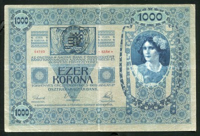 q499 UNGARIA ROMANIA 1000 KORONA 1912 CU TIMBRU SPECIAL STAMPILAT IN TRANSILVANIA VF foto