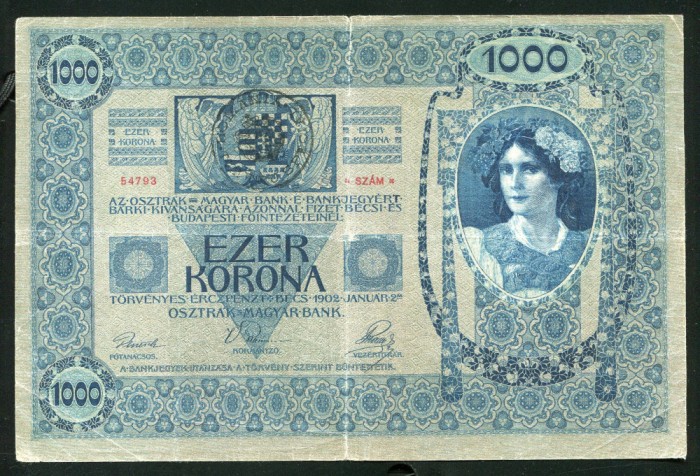 q499 UNGARIA ROMANIA 1000 KORONA 1912 CU TIMBRU SPECIAL STAMPILAT IN TRANSILVANIA VF