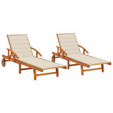 Set 2 Șezlonguri Lemn Acacia vidaXL, Pliabile, Reglabile, cu Perne Crem, 199cm
