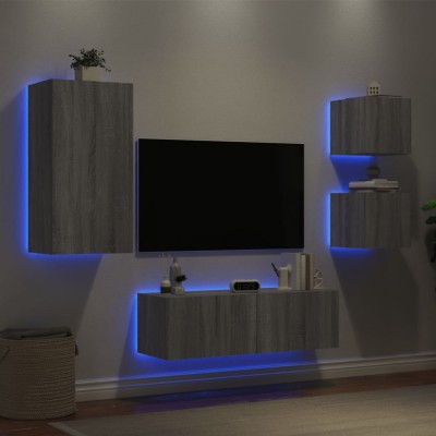 Comode TV de perete cu lumini LED, 4 piese, gri sonoma foto