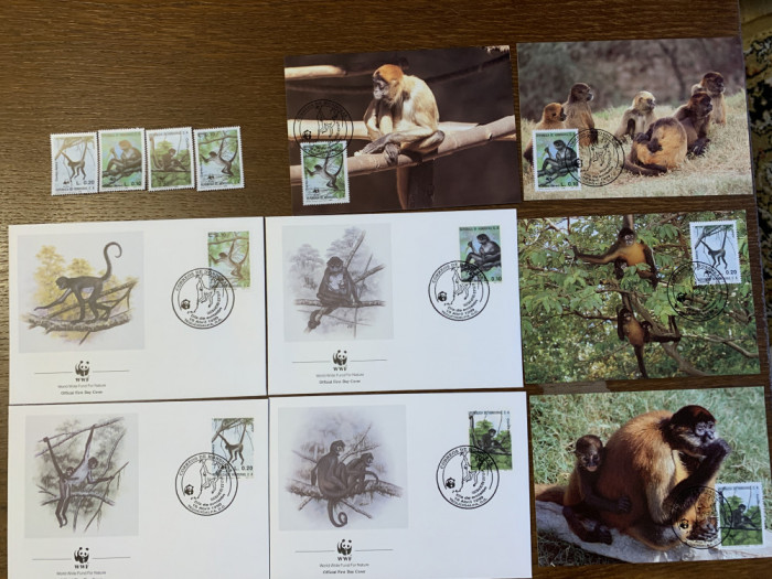 honduras - maimute - serie 4 timbre MNH, 4 FDC, 4 maxime, fauna wwf