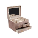 Cutie organizator pentru bijuterii, capac catifelat, oglinda mare pe capac, suport pentru inele