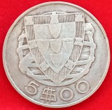 (A745) MONEDA DIN ARGINT PORTUGALIA - 5 ESCUDOS 1948, BARCA CU VELE CARAVELLE, KM#581, Europa