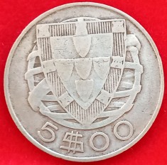 (A745) MONEDA DIN ARGINT PORTUGALIA - 5 ESCUDOS 1948, BARCA CU VELE CARAVELLE, KM#581