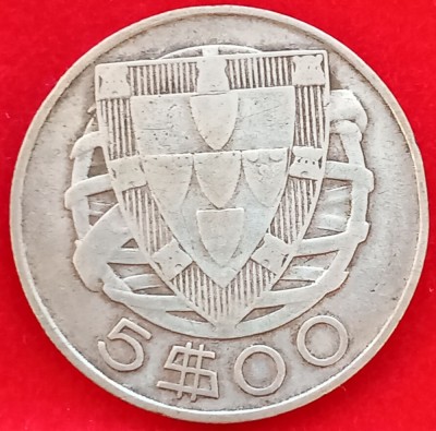 (A745) MONEDA DIN ARGINT PORTUGALIA - 5 ESCUDOS 1948, BARCA CU VELE CARAVELLE, KM#581 foto