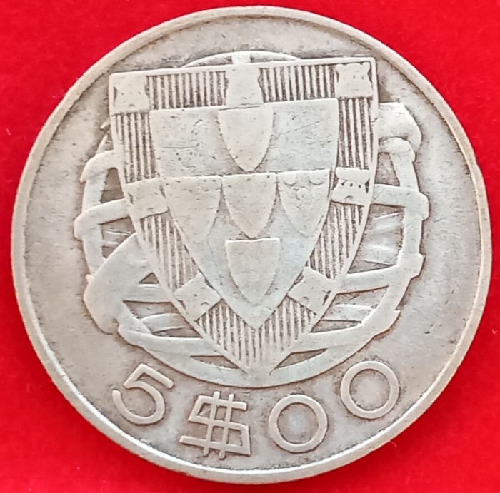(A745) MONEDA DIN ARGINT PORTUGALIA - 5 ESCUDOS 1948, BARCA CU VELE CARAVELLE, KM#581
