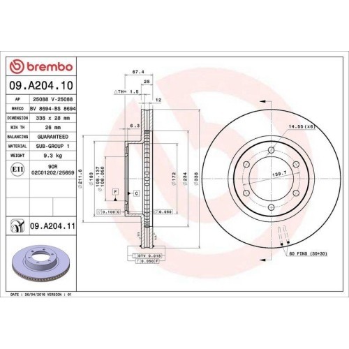 Set disc frana Lexus Gx ( J12) 11.01-11.09; Toyota 4 Runner 4 ( N21) 08.02-12.09, Land Cruiser Prado ( J12) 09.02-12.10, Fata, 338X28mm, ventilat, BR