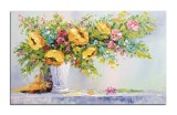 Tablou 3D Vaza cu trandafiri galbeni pictat manual living, dormitor, 100x60cm ulei pe panza efect 3D, Valentin Pop